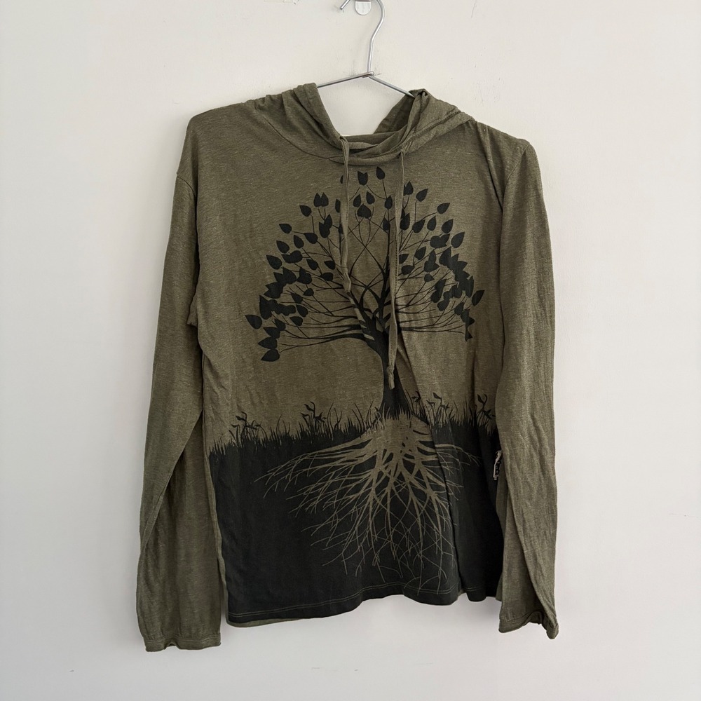 Sure Design Tree of Life Hooded Long Sleeve Shirt Olive Green Graphic Tee